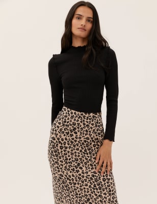 Animal Print Ribbed Maxi A Line Skirt