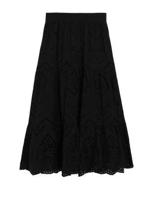 

Womens M&S Collection Pure Cotton Broderie Midi Tiered Skirt - Black, Black