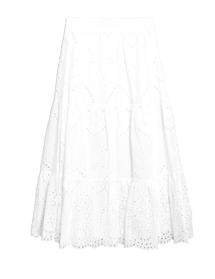 

Womens M&S Collection Pure Cotton Broderie Midi Tiered Skirt - White, White