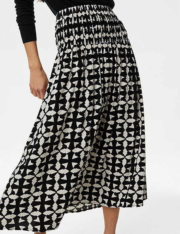 Printed Shirred Midi A-Line Skirt - CA