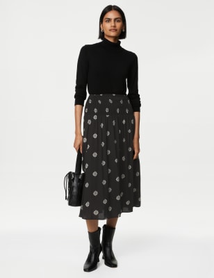 

Womens M&S Collection Printed Shirred Midi A-Line Skirt - Black Mix, Black Mix