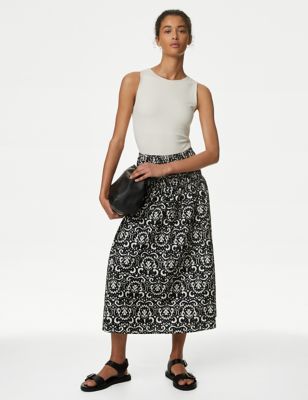 

Womens M&S Collection Printed Shirred Midi A-Line Skirt - Ivory Mix, Ivory Mix