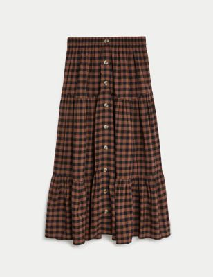Modal Rich Checked Tiered Midi Skirt