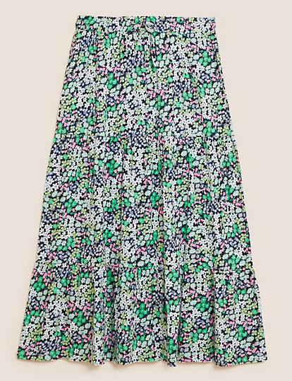 Pure Cotton Ditsy Floral Midi Tiered Skirt