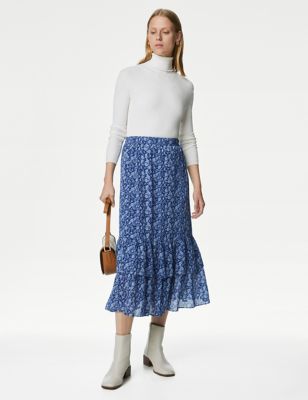 

Womens M&S Collection Printed Ruffle Midi Tiered Skirt - Navy Mix, Navy Mix