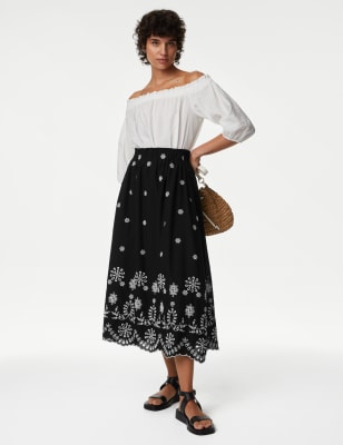 

Womens M&S Collection Midi-Stufenrock aus reiner Baumwolle mit Lochstickerei - Black, Black