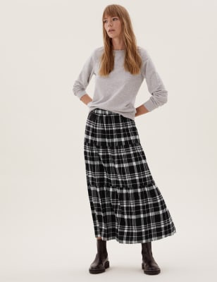 

Womens M&S Collection Pure Cotton Checked Midaxi Tiered Skirt - Black Mix, Black Mix