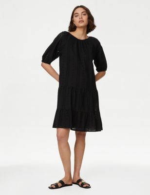 M&S Womens Pure Cotton Broderie Mini Tiered Dress - 6REG - Black, Black