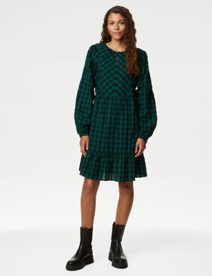 Pure Cotton Checked Knee Length Tiered Dress