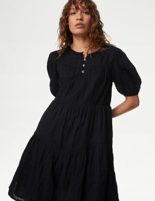 M&S Women's Pure Cotton Pintuck Mini Waisted Dress - 10REG - Black, Black,Pistachio