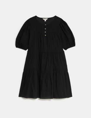 

Womens M&S Collection Pure Cotton Pintuck Mini Waisted Dress - Black, Black