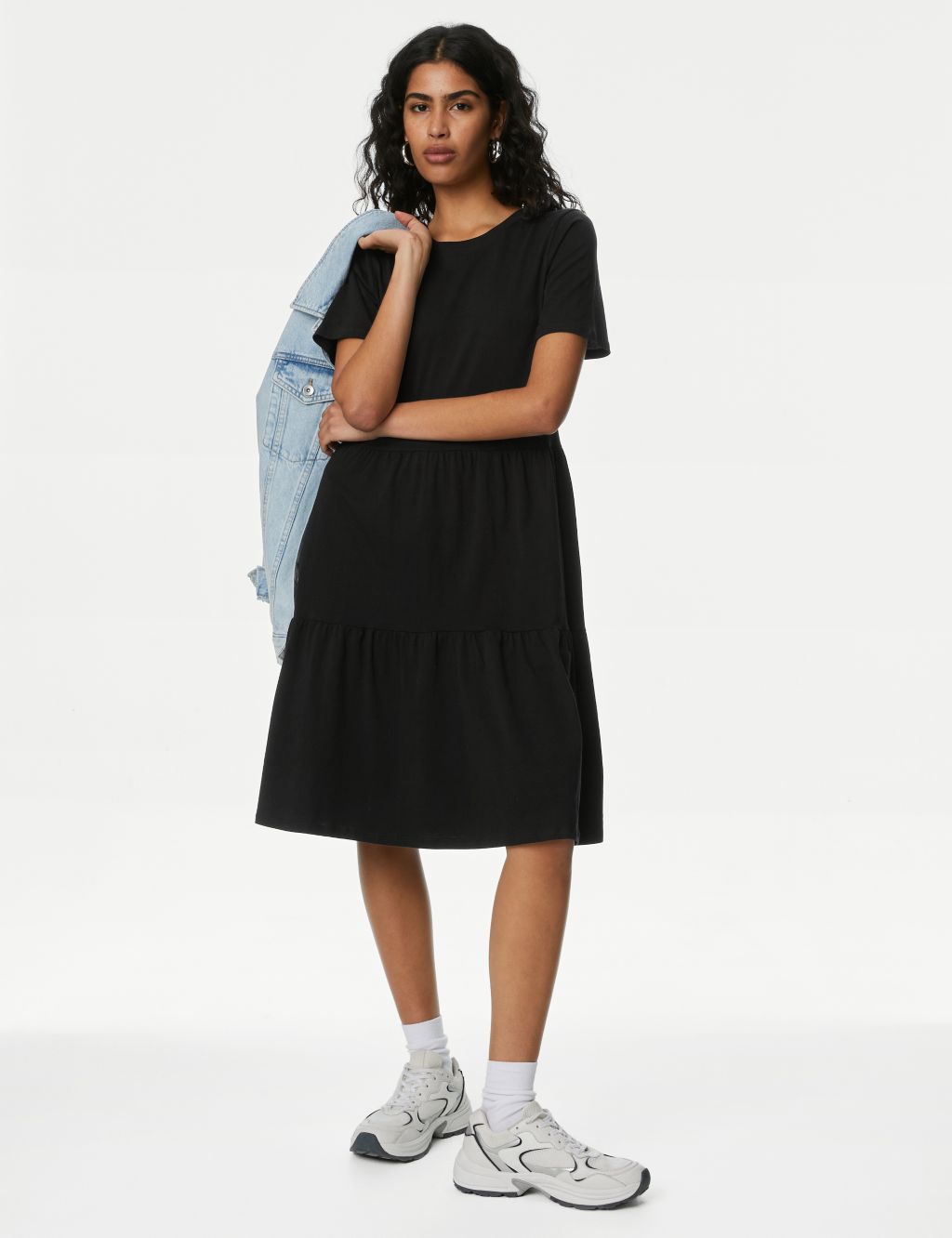 Pure Cotton Jersey Knee Length Tiered Dress