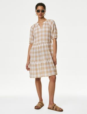 M&S Women's Cotton Rich Checked Mini Tiered Dress - 8REG - Natural Mix, Natural Mix