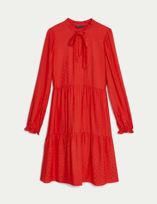 Satin Jacquard Tie Neck Tiered Dress