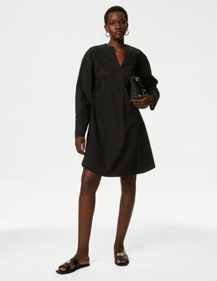

Womens M&S Collection Pure Cotton V-Neck Mini Relaxed Shift Dress - Black, Black