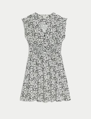 Printed V-Neck Shirred Mini Dress