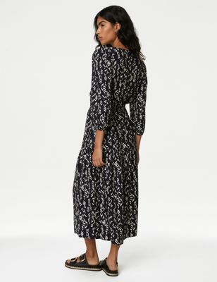 

Womens M&S Collection Printed Tie Neck Midi Tiered Dress - Navy Mix, Navy Mix