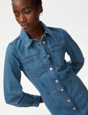 M&S Womens Denim Collared Mini Shirt Dress - 12REG, Denim