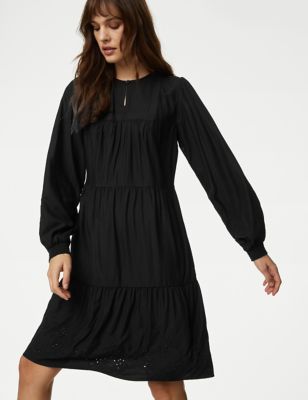 M&S Womens Broderie Cutwork Detail Mini Tiered Dress - 8PET - Black, Black