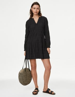 M&S Womens Cotton Rich Textured V-Neck Mini Shift Dress - 10REG - Black, Black