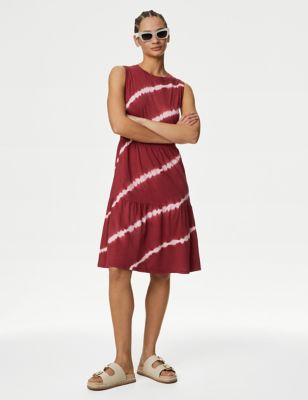 

Womens M&S Collection Pure Cotton Printed Knee Length Tiered Dress - Red Mix, Red Mix