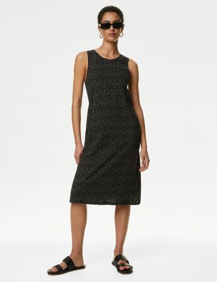 M&S Womens Pure Cotton Spot Print Mini Shift Dress - 10REG - Black Mix, Black Mix
