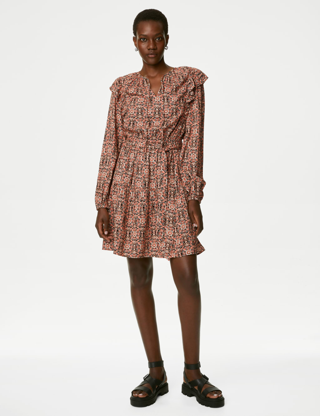 Printed V-Neck Ruffle Mini Waisted Dress image 1