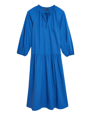 

Womens M&S Collection Midaxi-Stufenkleid aus reiner Baumwolle mit Schleifenkragen - Blue, Blue