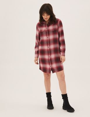 

Womens M&S Collection Petite Checked Button Through Mini Shirt Dress - Red Mix, Red Mix