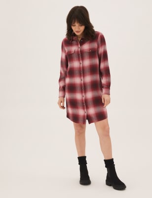 

Womens M&S Collection Petite Checked Button Through Mini Shirt Dress - Red Mix, Red Mix