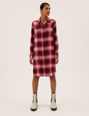 

Womens M&S Collection Checked Collared Knee Length Shirt Dress - Red Mix, Red Mix