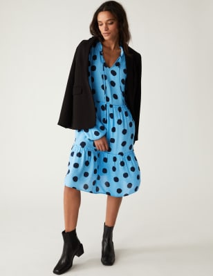 

Womens M&S Collection Gemustertes Stufenkleid mit Schleifenkragen - Blue Mix, Blue Mix