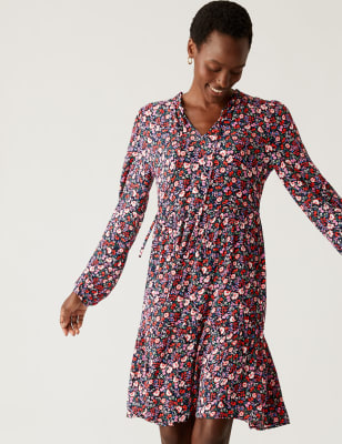 

Womens M&S Collection Printed Tie Neck Tiered Dress - Multi, Multi