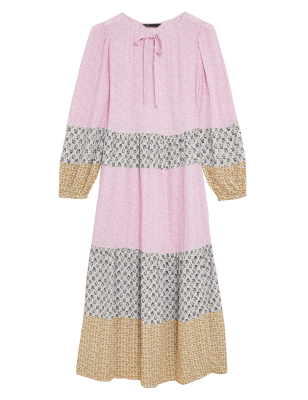 

Womens M&S Collection Printed Tie Neck Maxi Tiered Dress - Pink Mix, Pink Mix