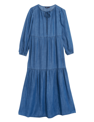

Womens M&S Collection Tencel™ Denim Tie Neck Maxi Tiered Dress, Denim