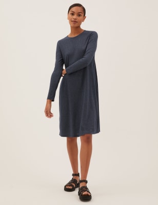 

Womens M&S Collection Jersey Ribbed Knee Length Swing Dress - Navy, Navy