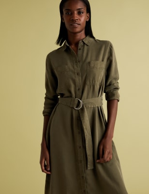 belted utility midi shirt dress