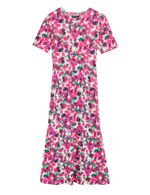 

Womens M&S Collection Gemustertes Midi-Stufenkleid aus Jersey mit Rundhalsausschnitt - Pink Mix, Pink Mix