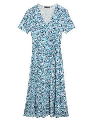 

Womens M&S Collection Midi-Wickelkleid aus Jersey mit Blümchenmuster - Blue Mix, Blue Mix