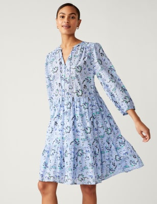 

Womens M&S Collection Pure Cotton Printed Tie Neck Mini Dress - Blue Mix, Blue Mix