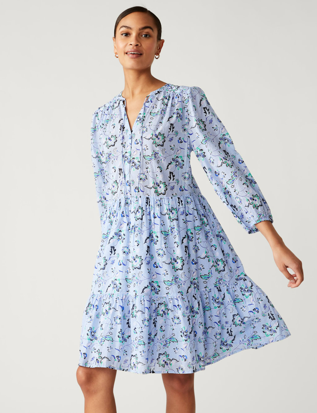 Pure Cotton Printed Tie Neck Mini Dress image 1