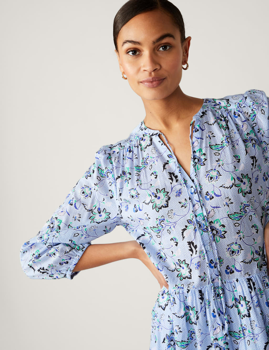 Pure Cotton Printed Tie Neck Mini Dress image 2