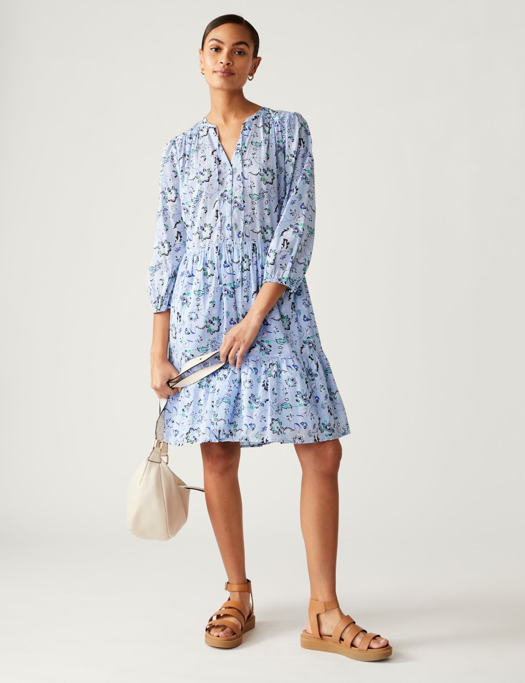 Pure Cotton Printed Tie Neck Mini Dress image 3