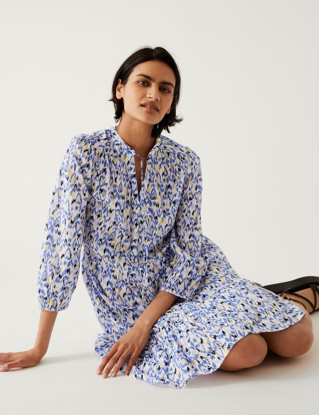 Pure Cotton Printed Tie Neck Mini Dress image 3