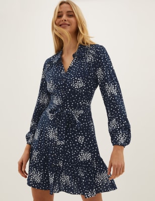 

Womens M&S Collection Polka Dot Tie Front Mini Shirt Dress - Navy Mix, Navy Mix