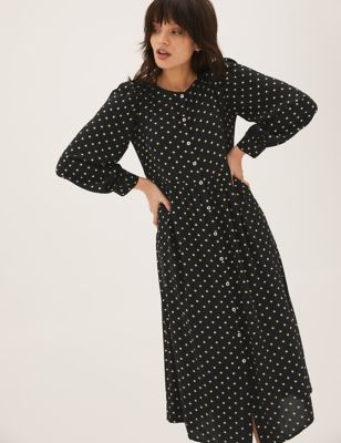 

Womens M&S Collection Petite Polka Dot Button Through Midi Tiered Dress - Black Mix, Black Mix