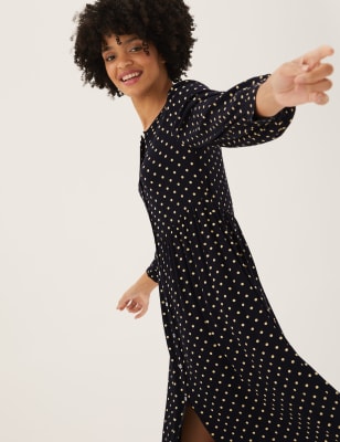 

Womens M&S Collection Polka Dot Button Through Midi Tiered Dress - Black Mix, Black Mix