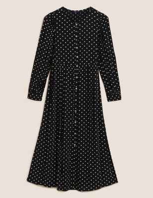M&S Womens Polka Dot Button Through Midi Tiered Dress