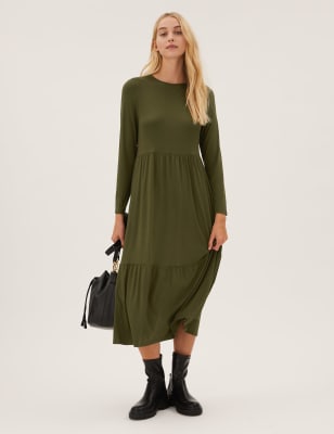 

Womens M&S Collection Jersey Round Neck Midi Tiered Dress - Khaki, Khaki