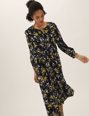 

Womens M&S Collection Floral Button Through Midi Tiered Dress - Black Mix, Black Mix